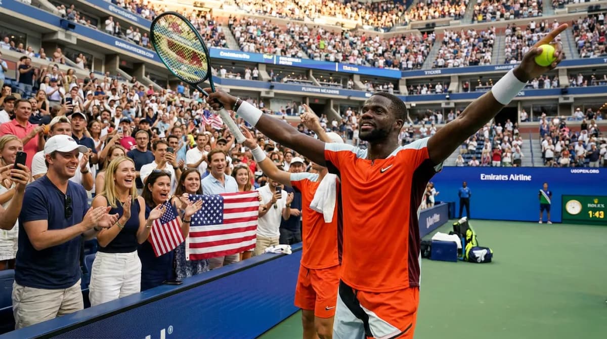 Photorealistic tennis scene illustrating Frances Tiafoe and the Art of Winning New York Crowds.