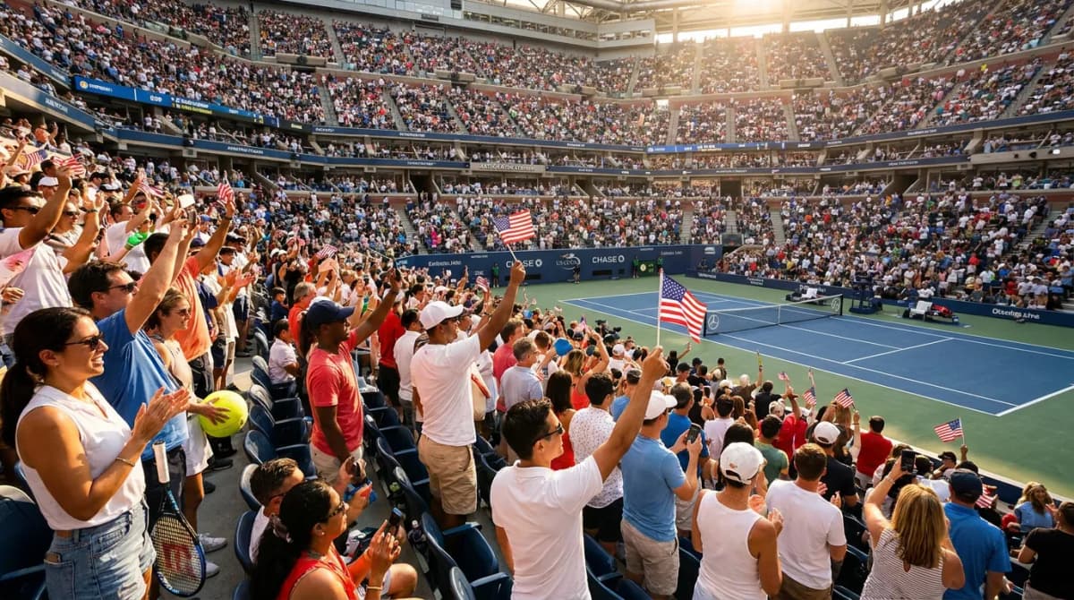 Bright US Open tennis atmosphere illustrating Frances Tiafoe and the Art of Winning New York Crowds.
