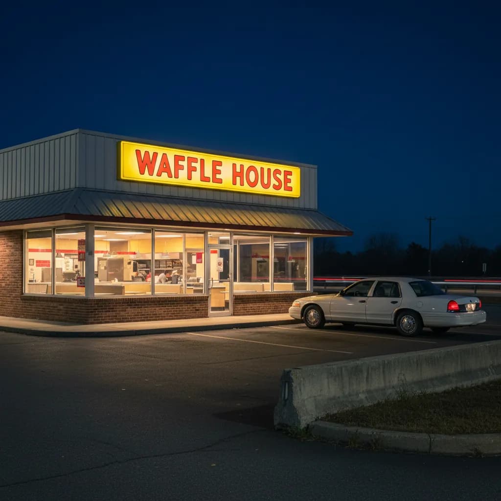 Waffle House restaurant glowing at night during the 2026 World Cup