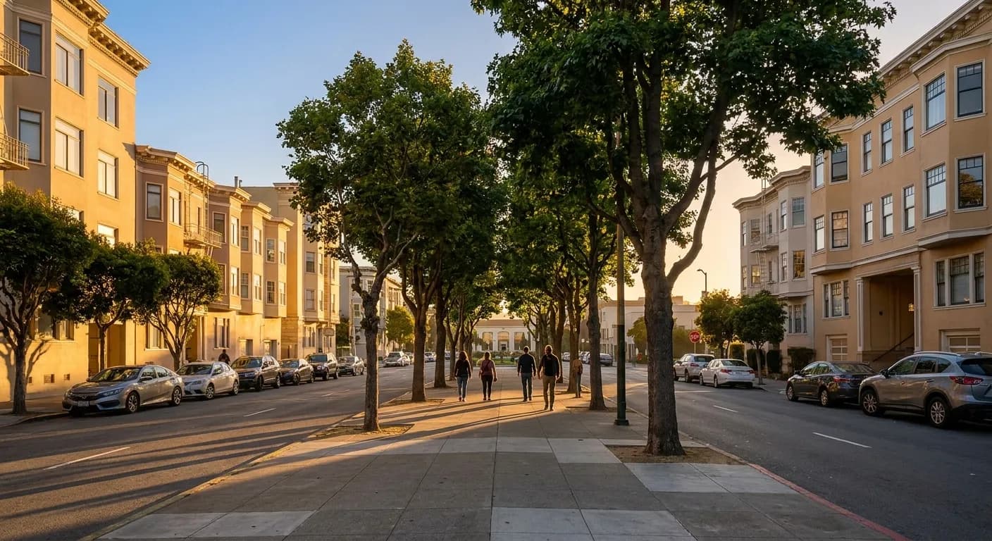 Tree-lined Chestnut Street in San Francisco's Marina District at dusk, with street parking and low apartment buildings visible