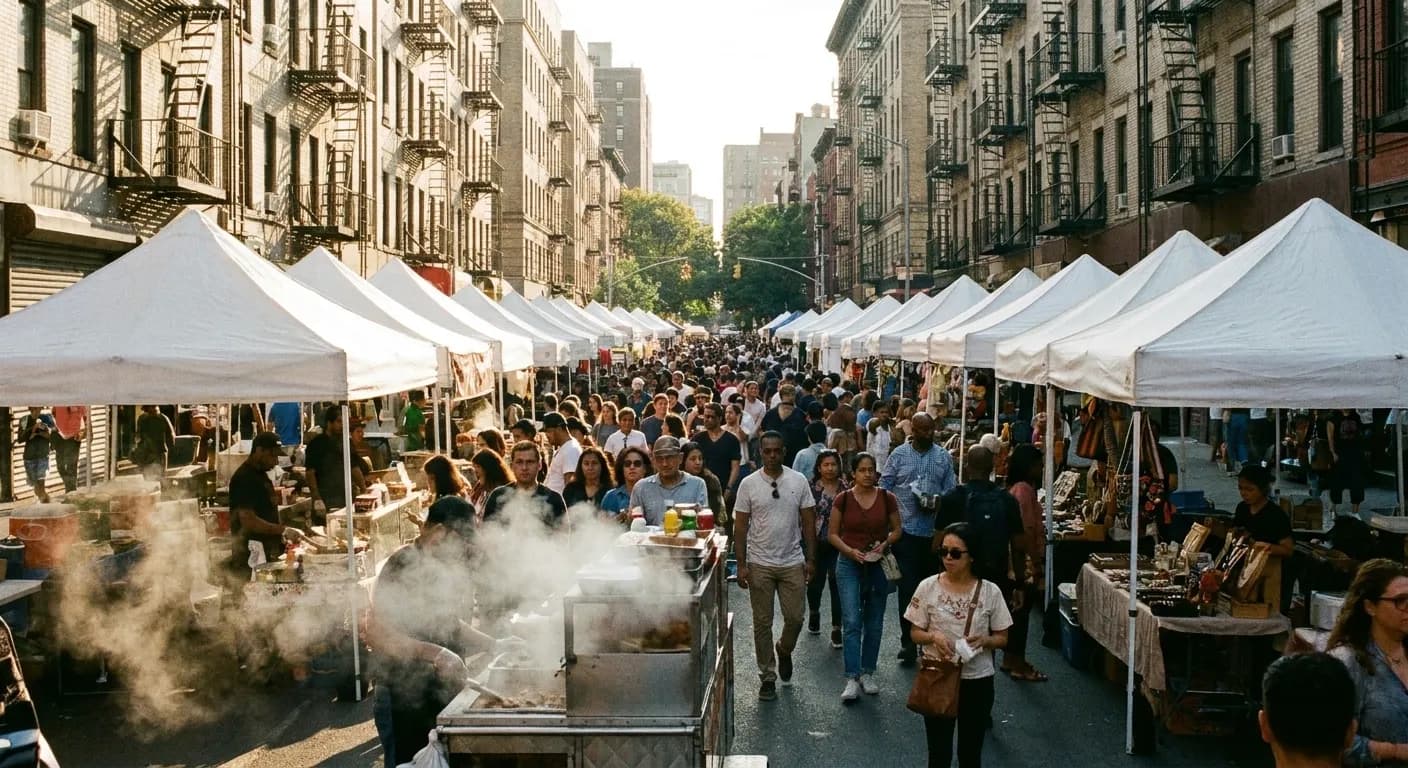 A closed New York side street packed edge to edge with festival stalls under white canopies and a dense slow-moving crowd