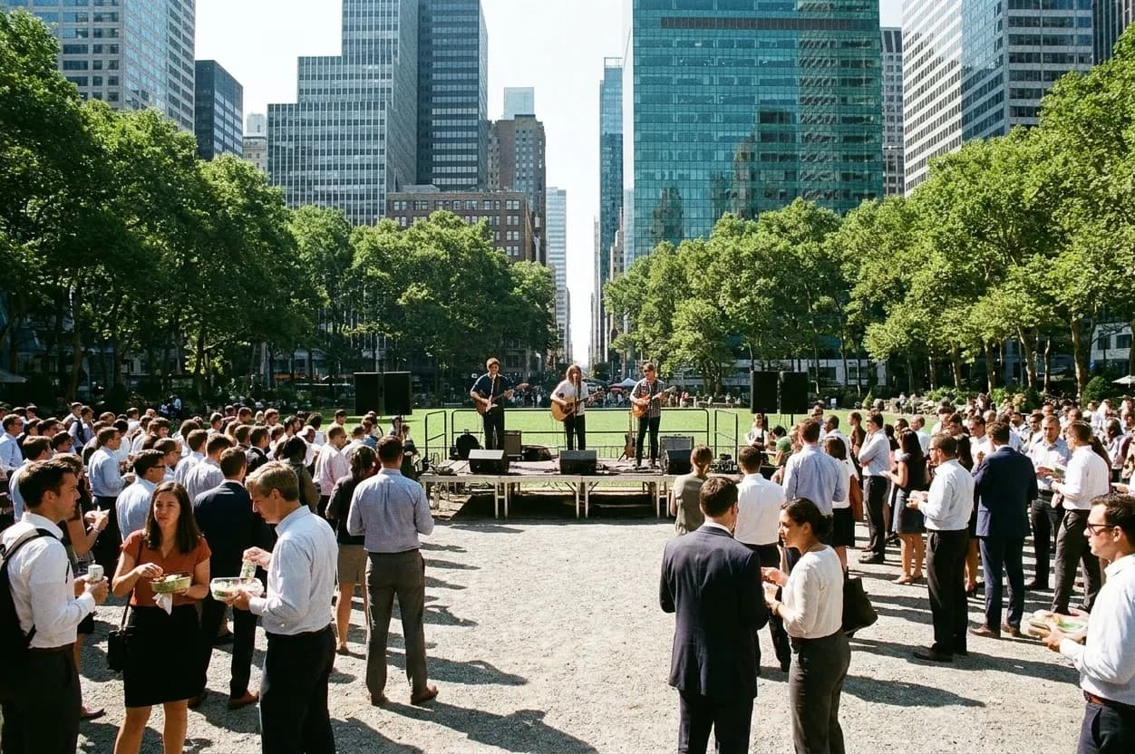 Three performers on a low stage in a Midtown park at lunchtime, four hundred office workers standing with lunch containers