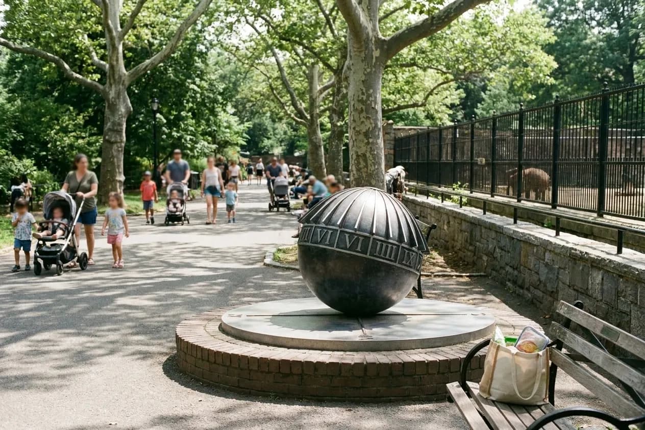 A wide zoo path in the Bronx on a bright weekday, families walking with pushchairs under dappled plane trees beside a low stone enclosure wall