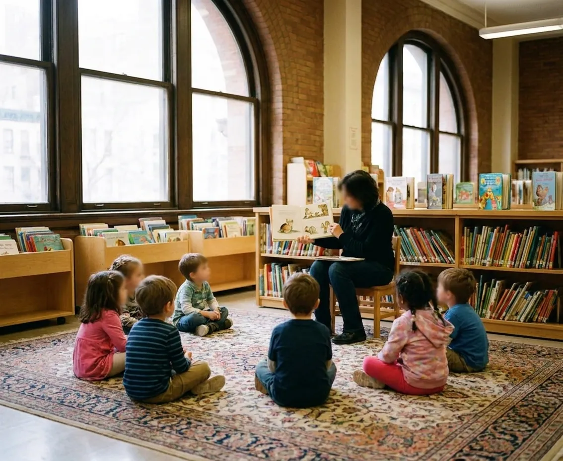 Eight small children sitting on a patterned rug in a New York library children's room while an adult holds an open picture book towards them