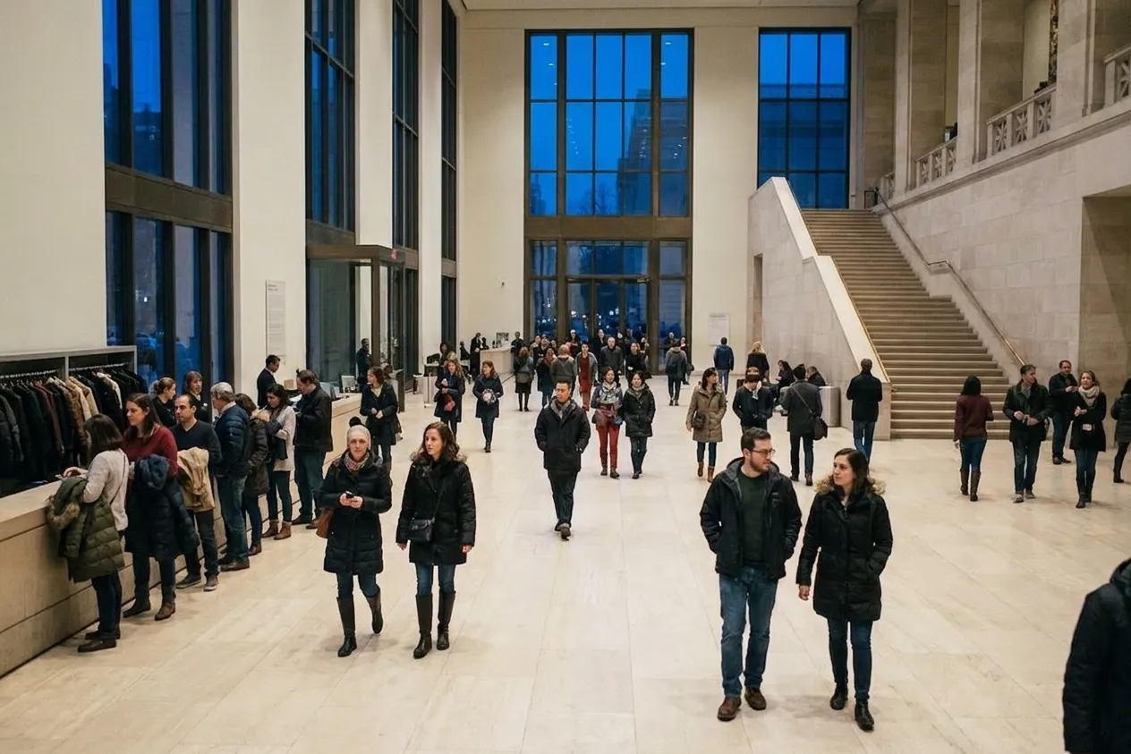 Forty visitors in coats crossing the pale stone floor of a large New York museum lobby on a free Friday evening