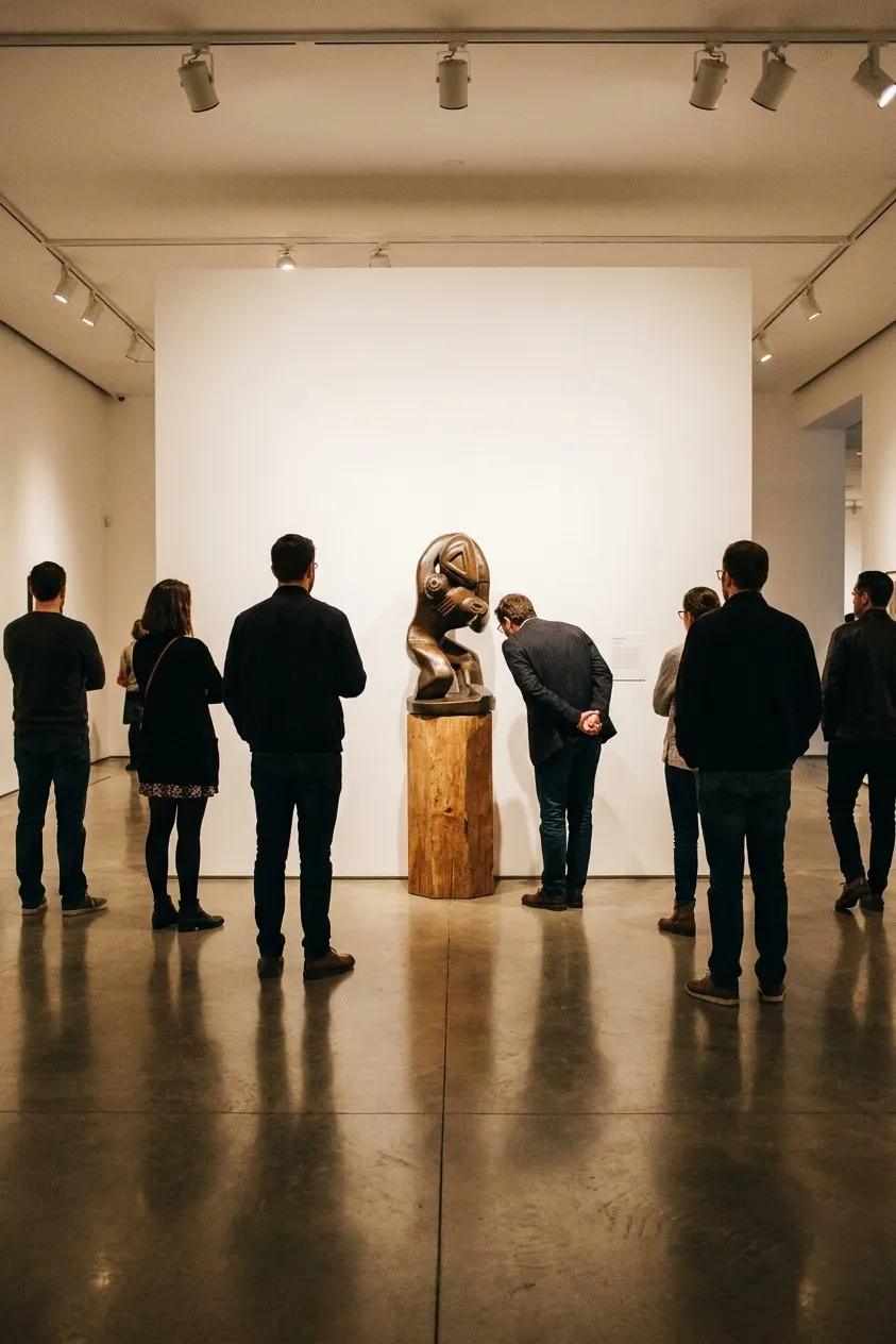 Seven people at different distances from a large canvas on a white gallery wall during a crowded free-admission hour