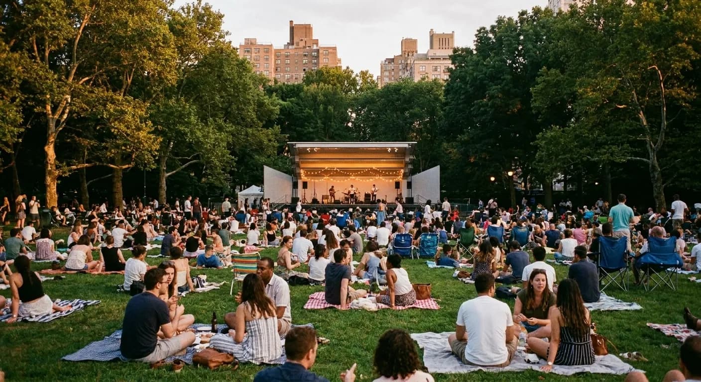 Several hundred people on the grass with blankets and chairs in a New York park, facing a modest warm-lit stage framed by trees