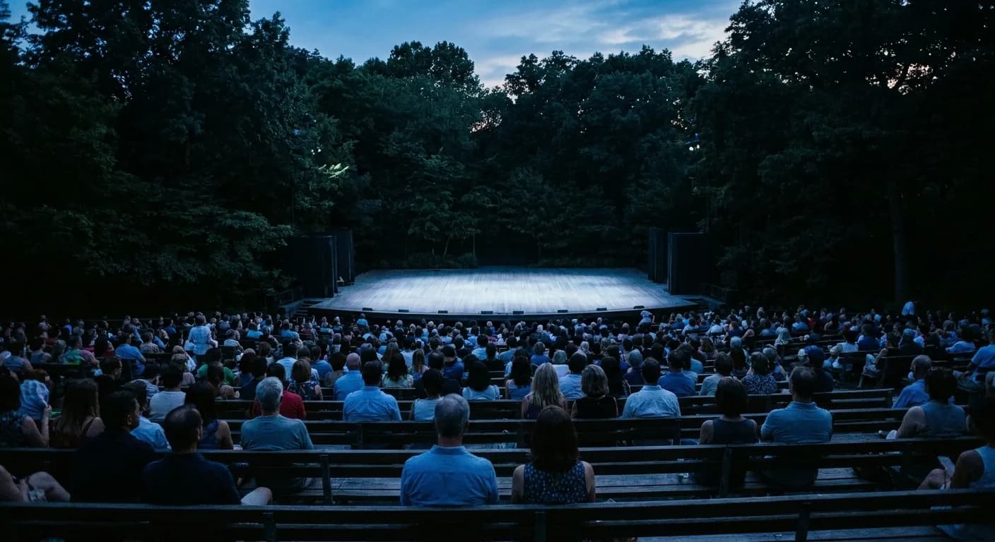 An open-air Central Park theatre at dusk seen from the back row, raked seating full and a bare wooden stage lit cool white below