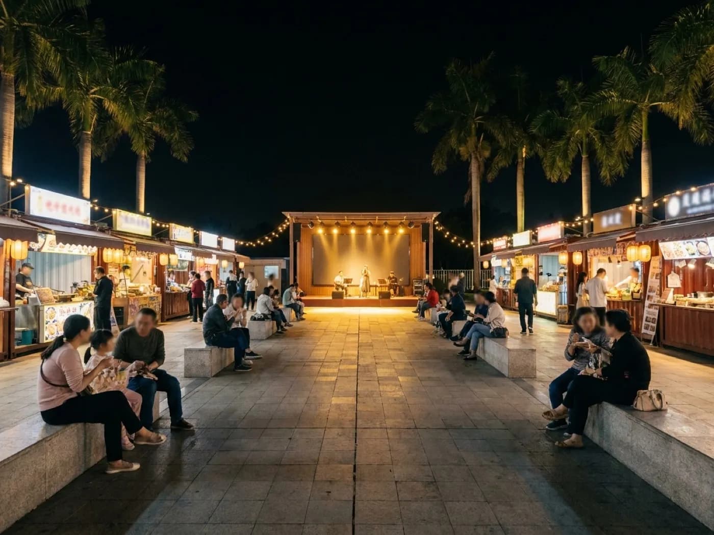 An outdoor plaza at night with a stage, food stalls around the edge and families sitting on low walls