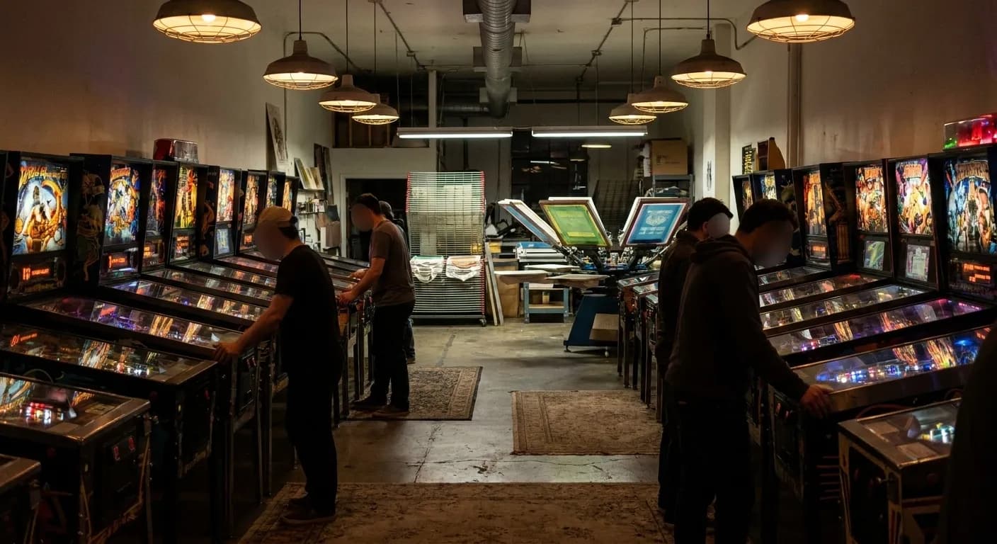 Rows of pinball machines inside Free Gold Watch with screen printing equipment visible in background under overhead lighting