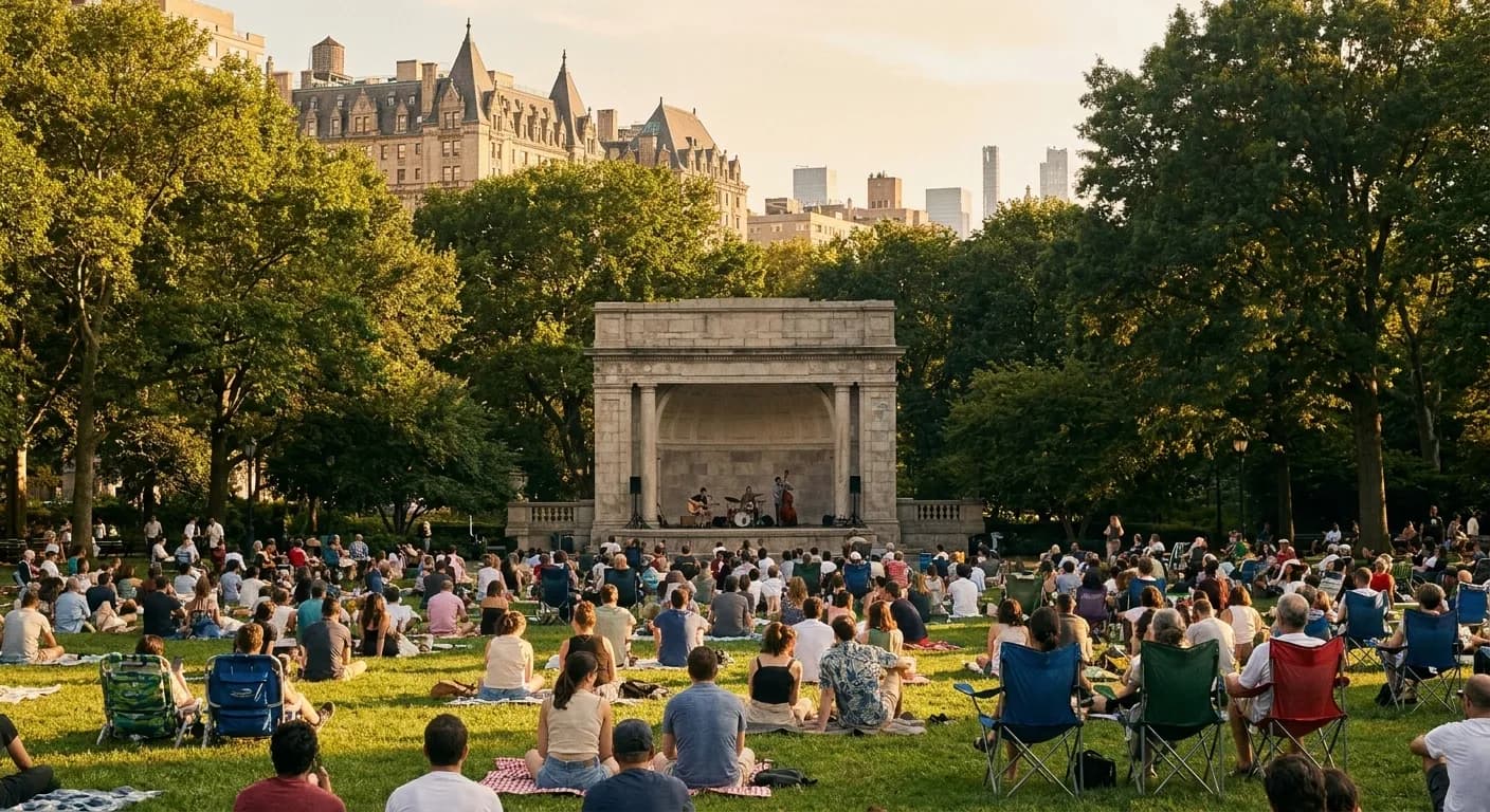A late summer afternoon in a Manhattan park, with a small band set up on a stone bandshell and people sitting on the lawn in loose clusters under low golden light