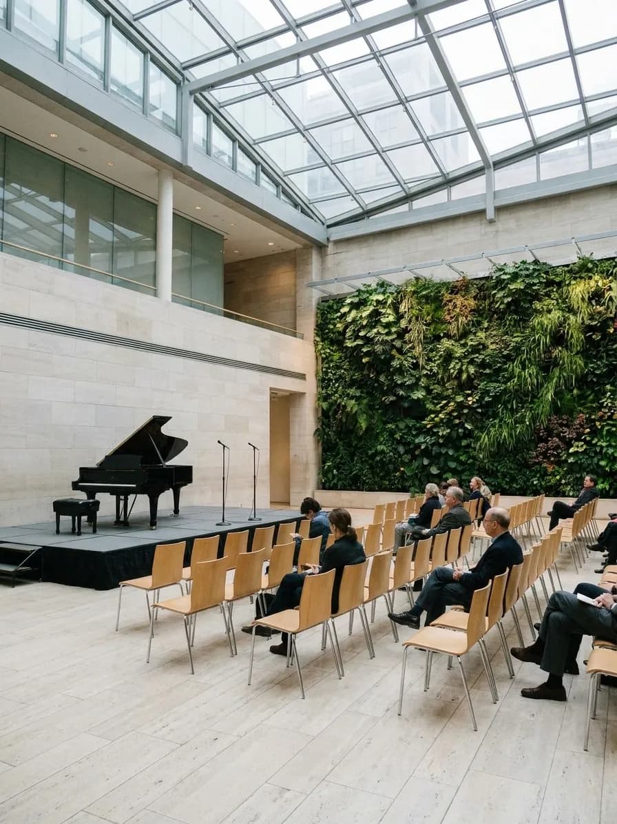 A Manhattan arts-centre atrium on a grey afternoon, with a small stage of microphone stands and a piano at one end and rows of light chairs half filled under a glazed ceiling
