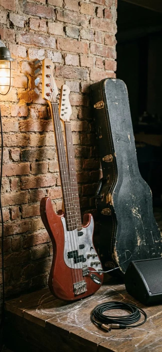 A double bass and a guitar case leaning against a brick wall beside a small monitor speaker and a coiled cable
