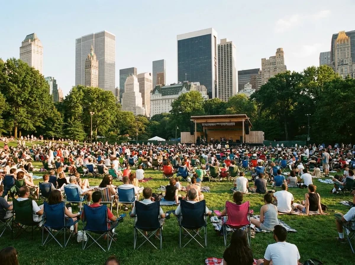 A broad park meadow with an open-air stage at the far end, blankets on the grass and tall trees framing the view