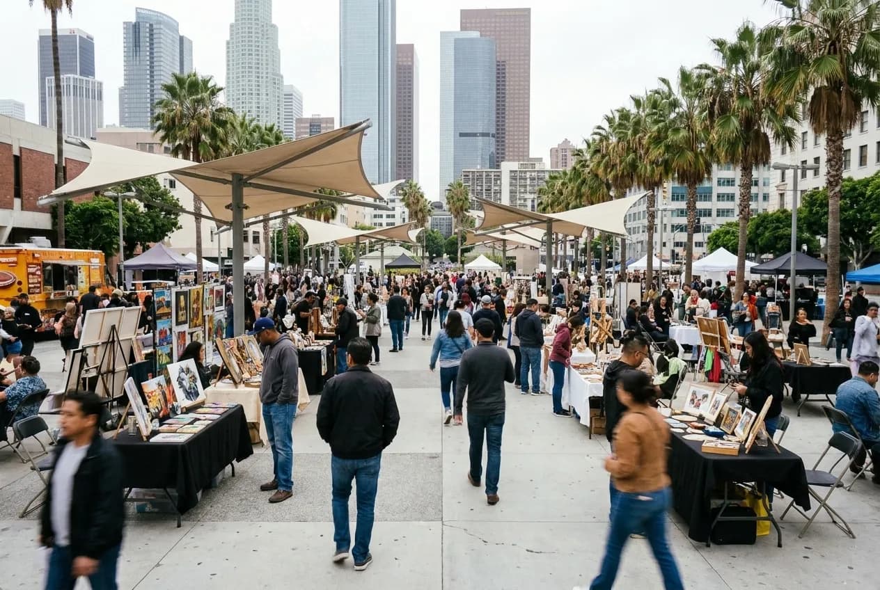 People gathering at a free community event in a Los Angeles public plaza