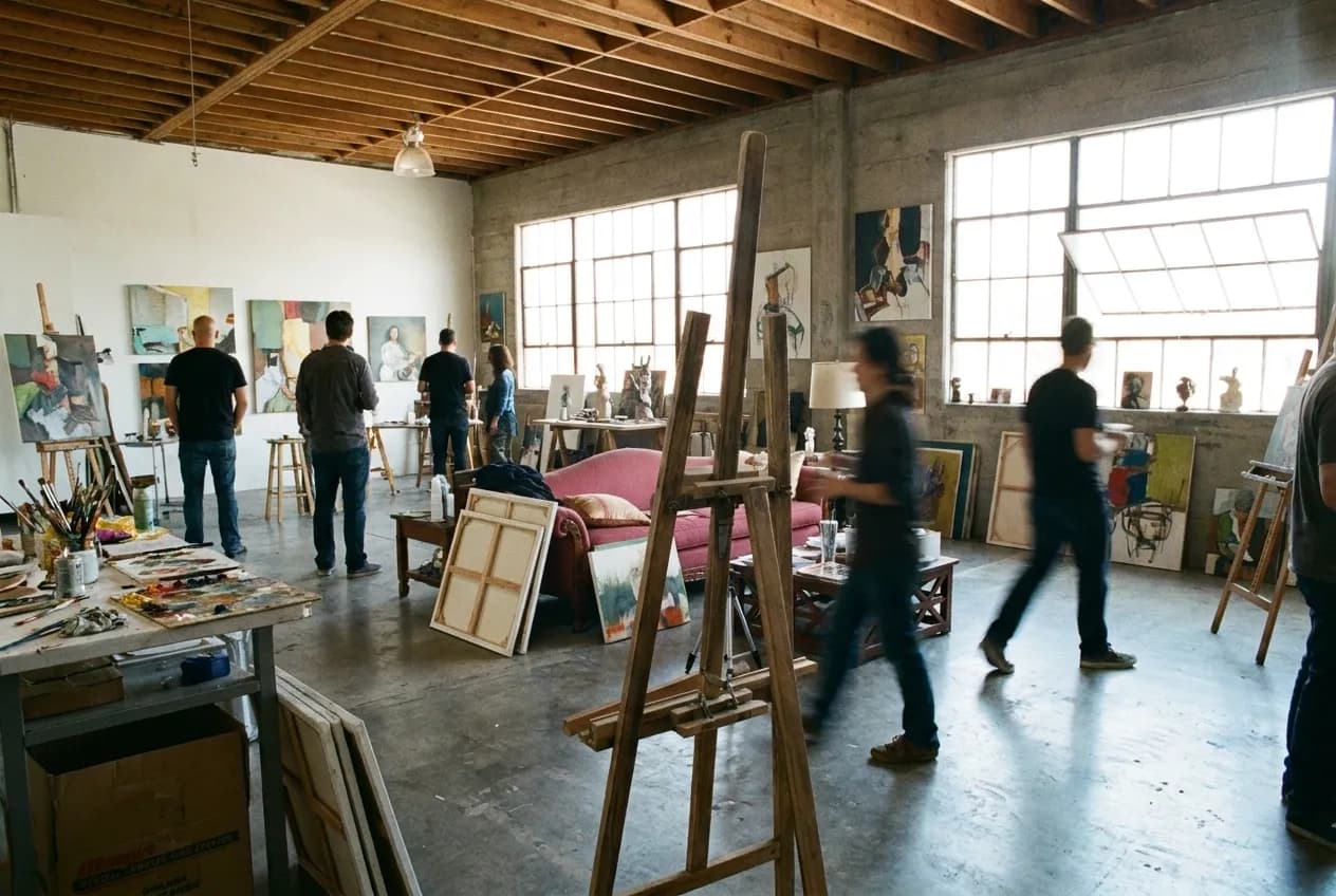 Artist studio interior during an open studio event in Los Angeles