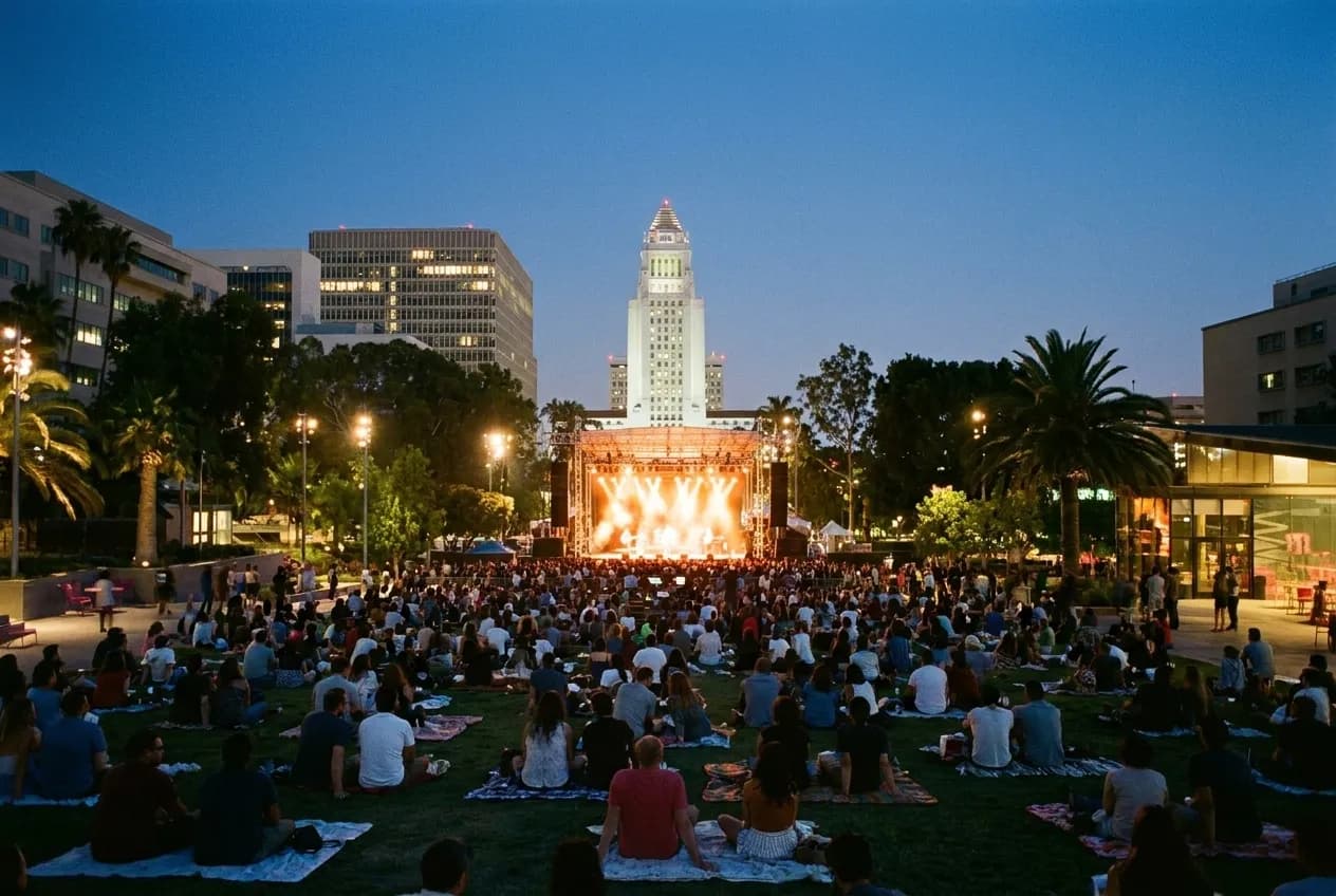 Evening concert on downtown Los Angeles park lawn with audience and city buildings