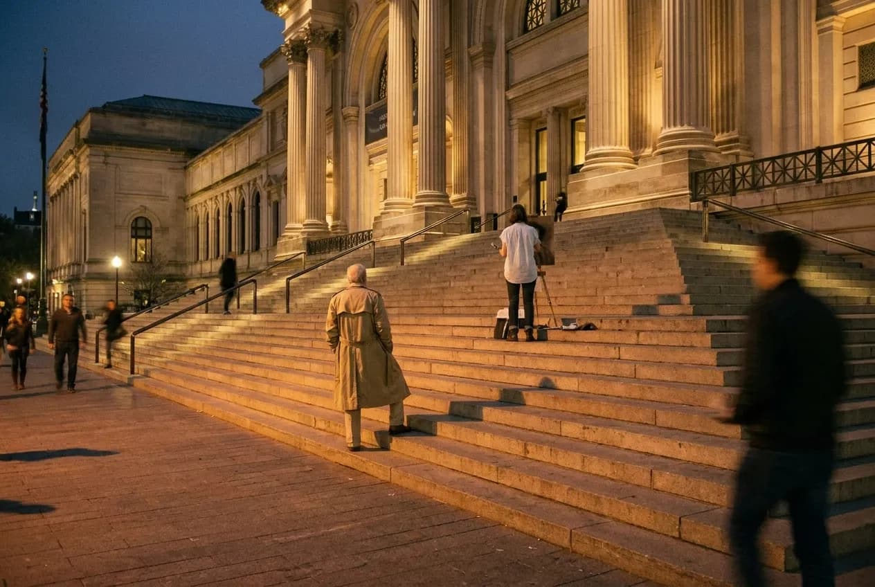 People waiting on museum steps in New York City at evening