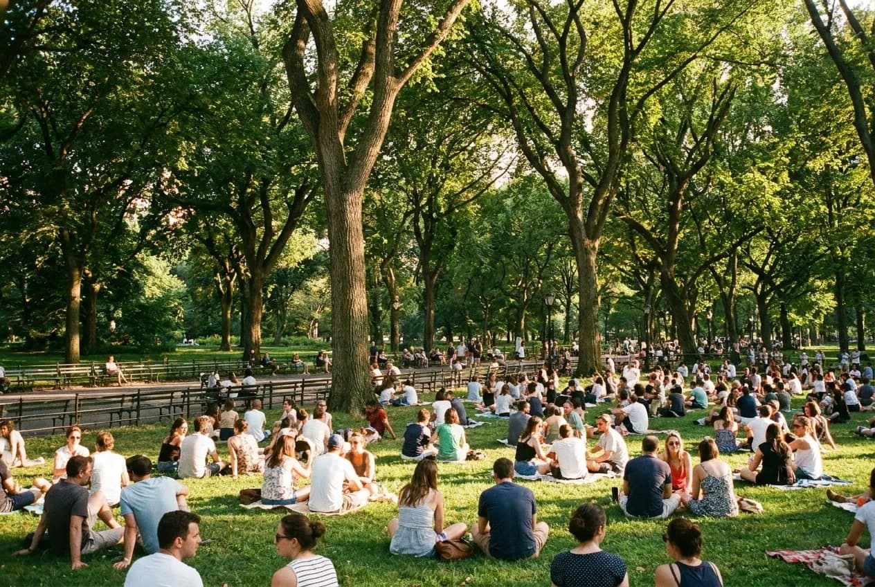 Crowd gathered on park lawn for free outdoor concert in New York City