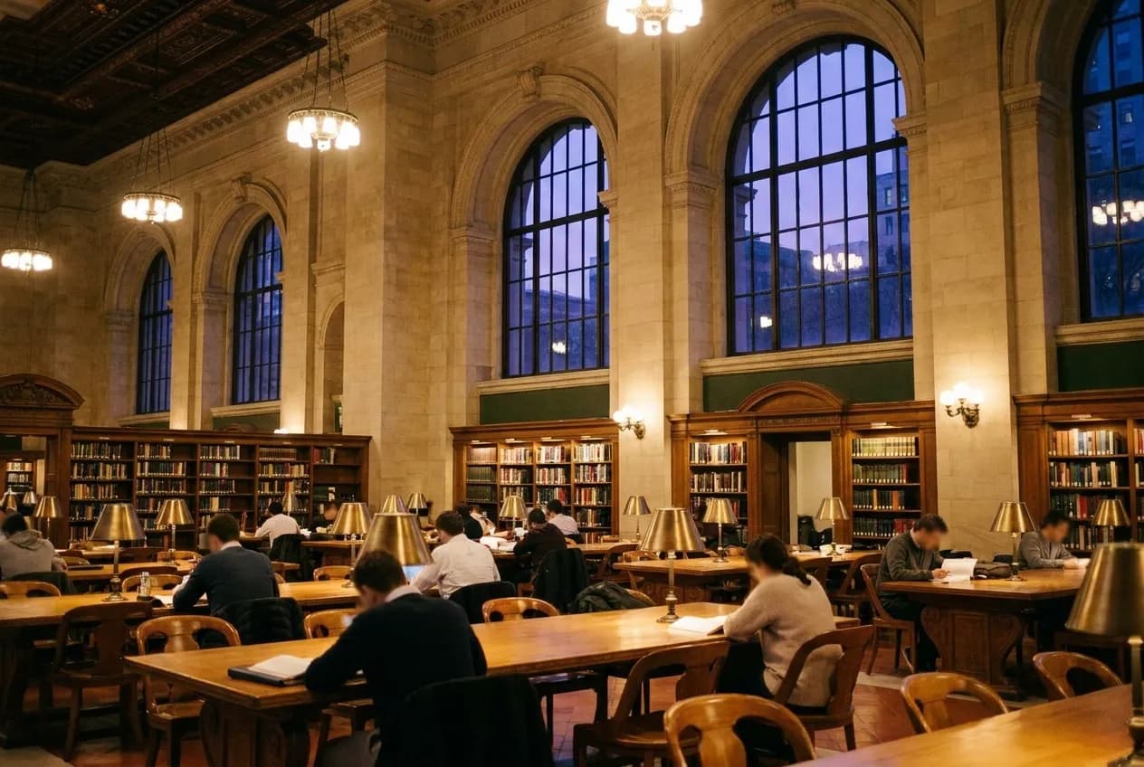 Evening interior of a New York City public library branch with readers at tables
