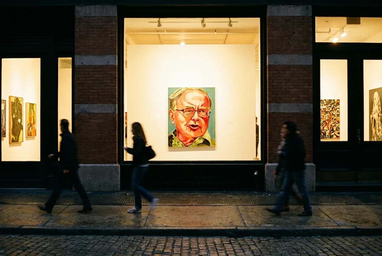 Chelsea gallery district street scene with lit gallery windows at dusk