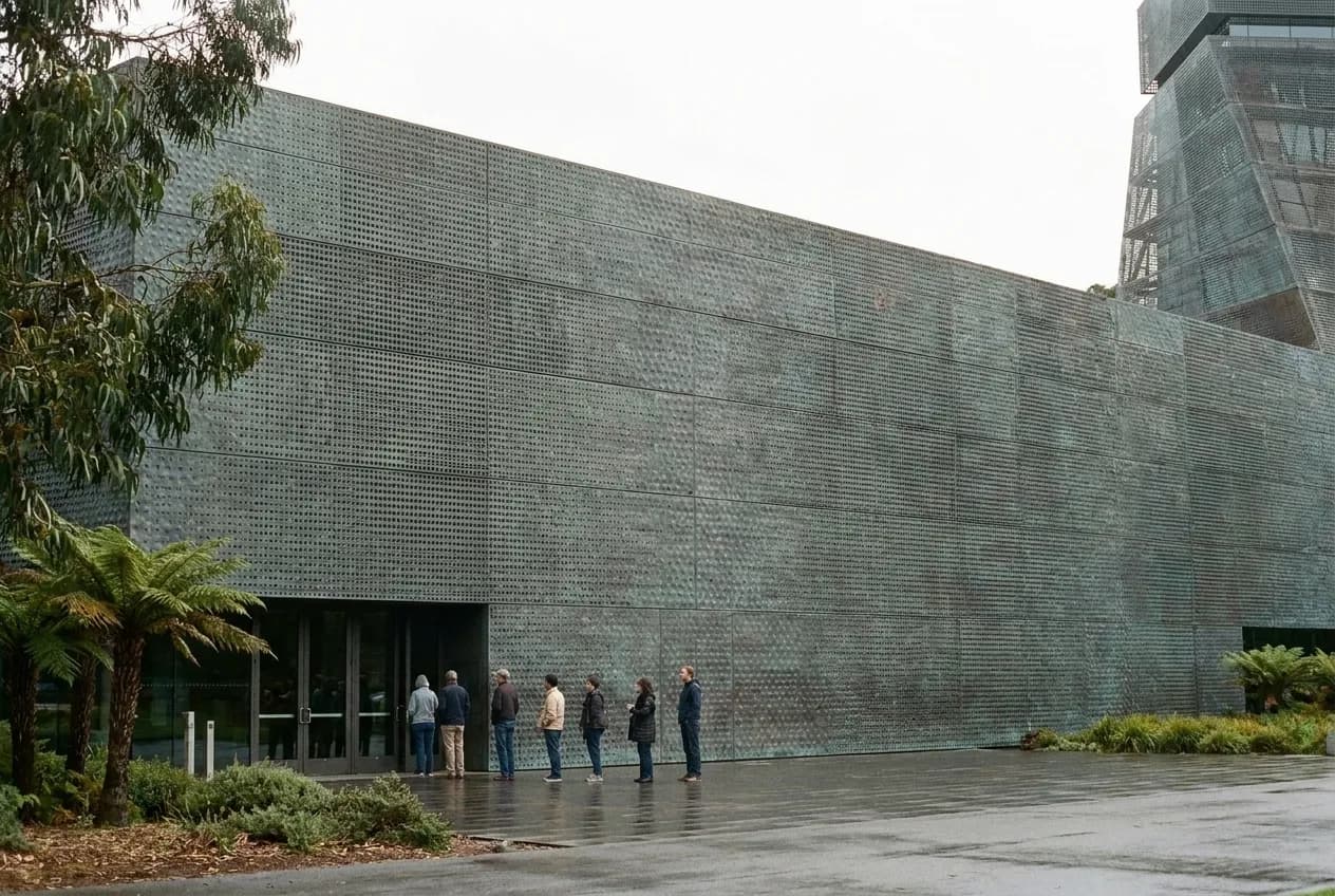 The perforated copper facade of a museum in Golden Gate Park under flat grey morning light