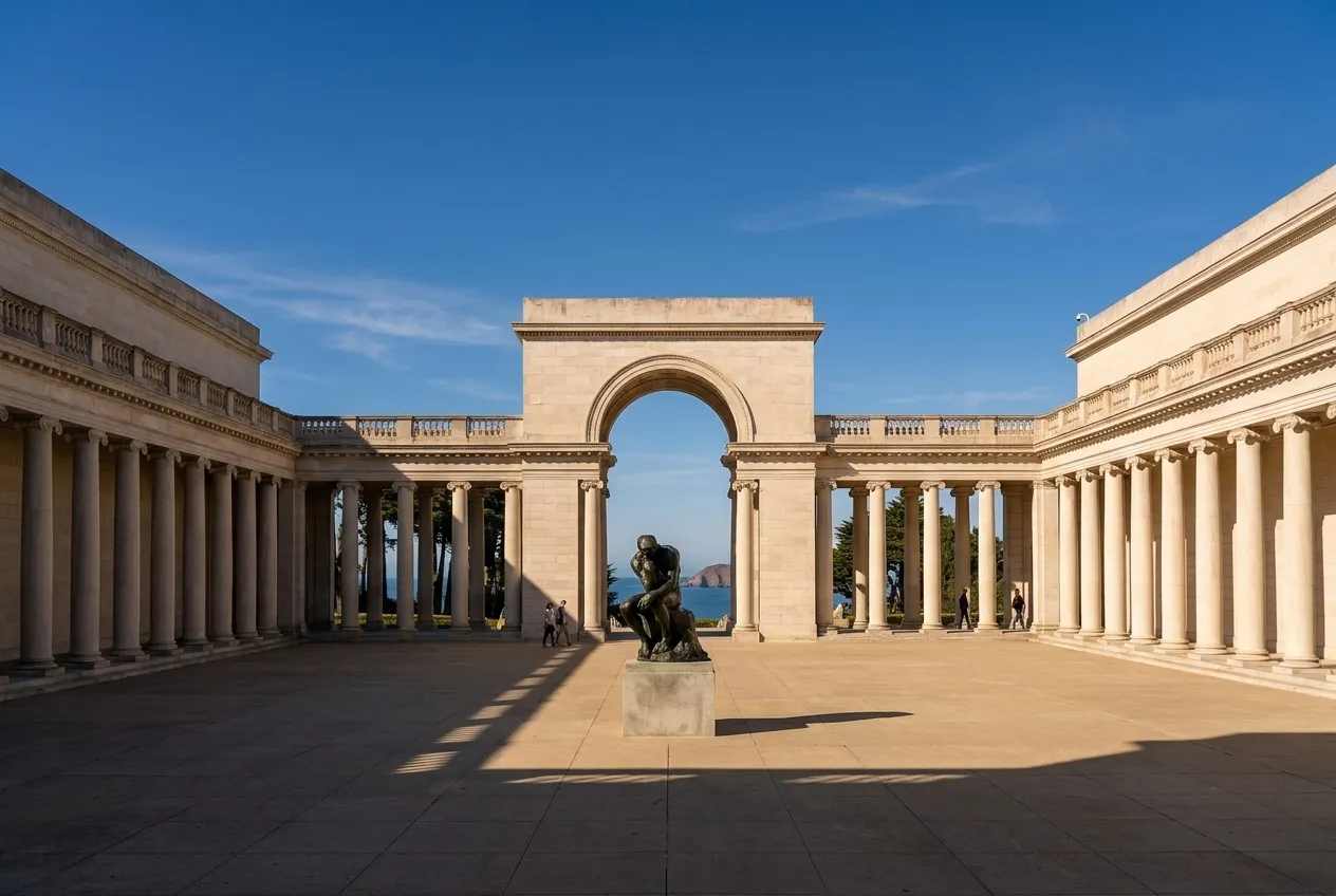 A neoclassical colonnaded museum courtyard above the sea on a clear afternoon