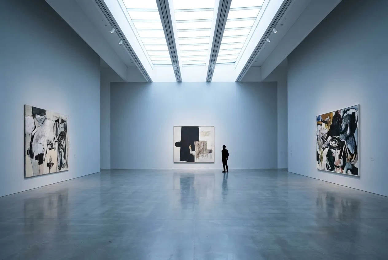A visitor standing alone in a wide daylit museum gallery