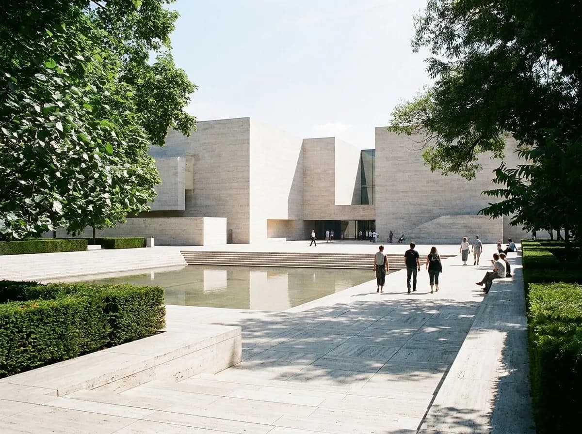 A large modern museum plaza in bright daylight with pale stone volumes, a shallow water feature and hard shadows