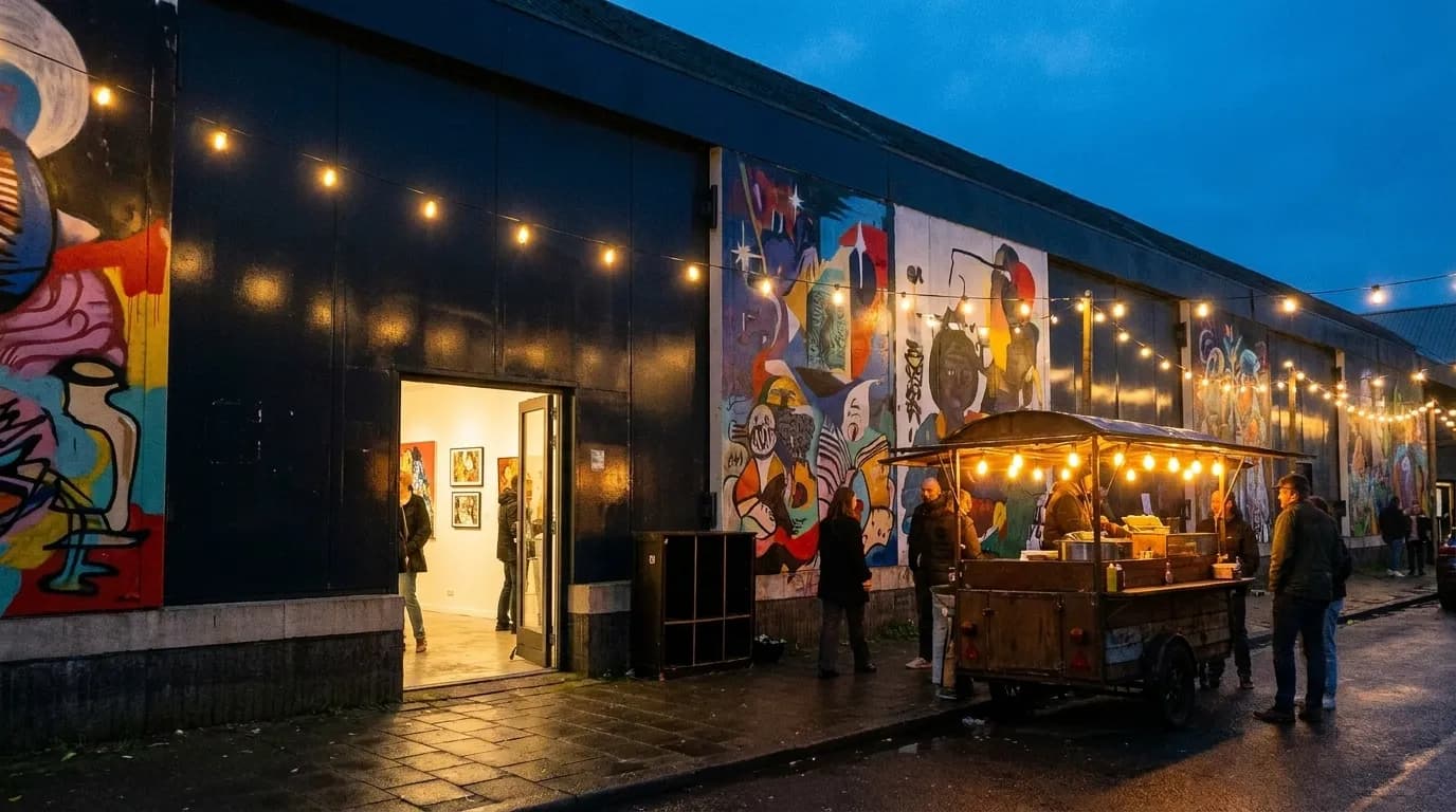 A warehouse arts district street on an event night with lit mural walls, open gallery doorways and warm string lights