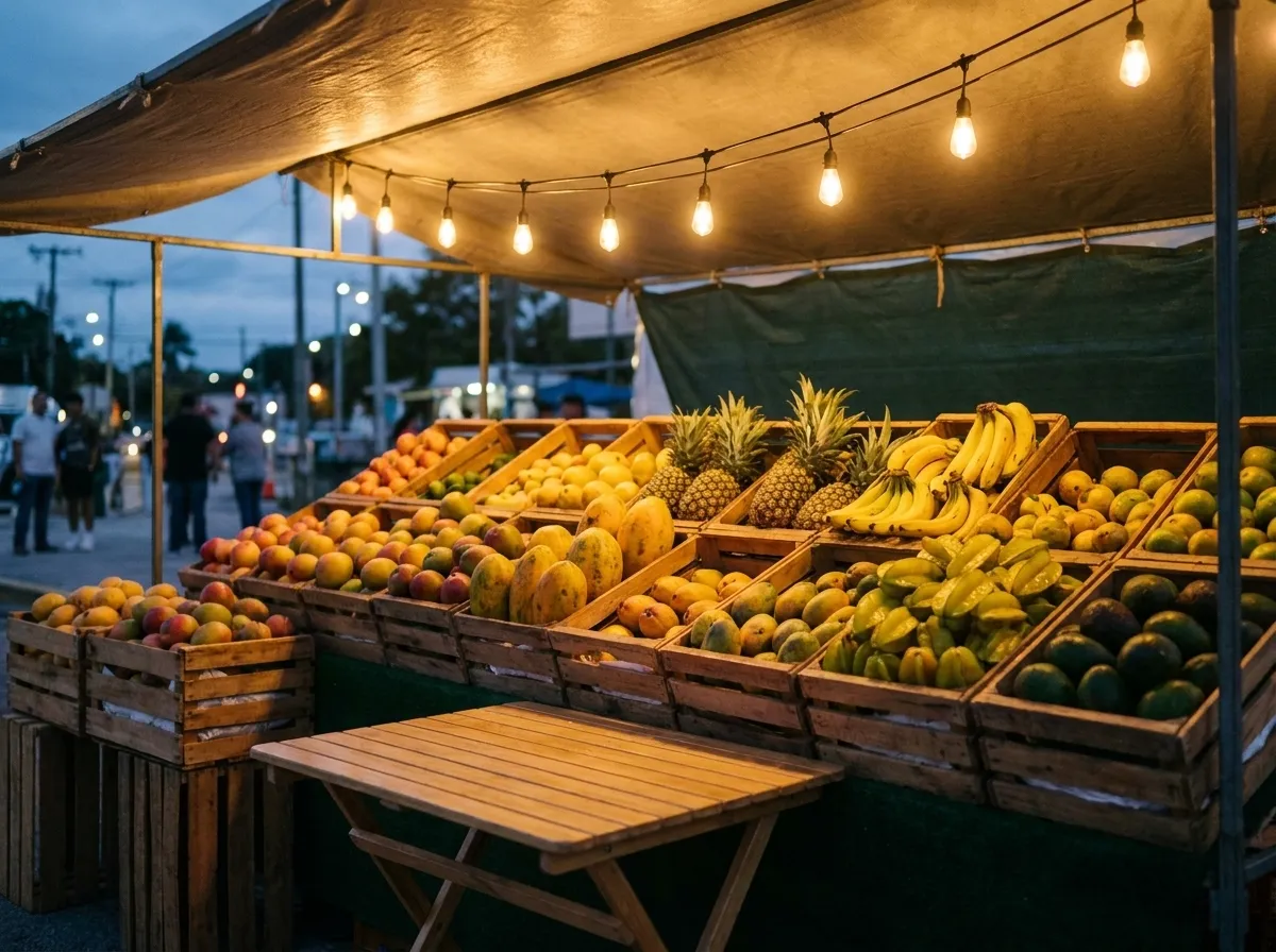 A covered market stall with crates of tropical fruit under strung lights in warm evening light