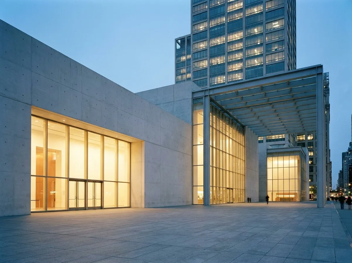 A modern museum building with glowing glass panels and a wide paved forecourt in low blue evening light