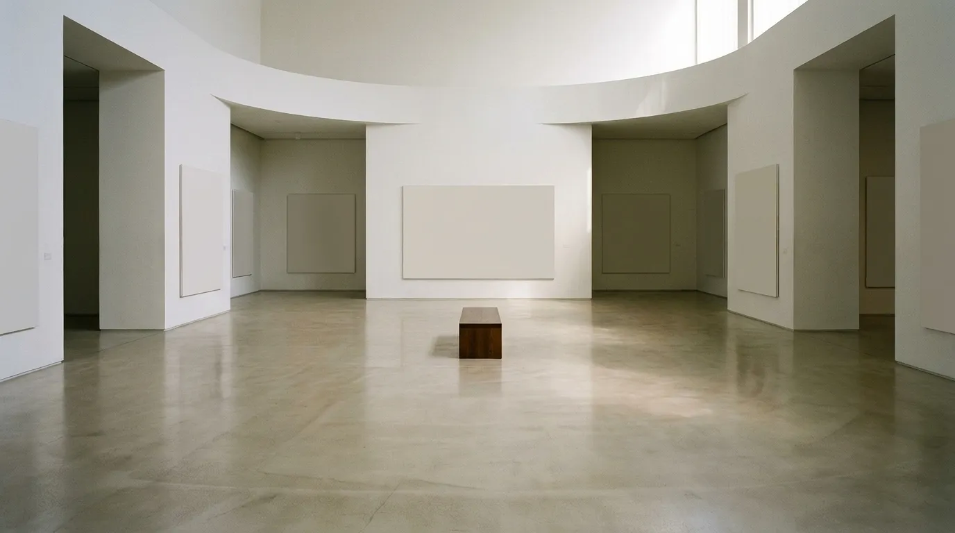 A quiet gallery interior with white walls, a polished floor and daylight from a high window
