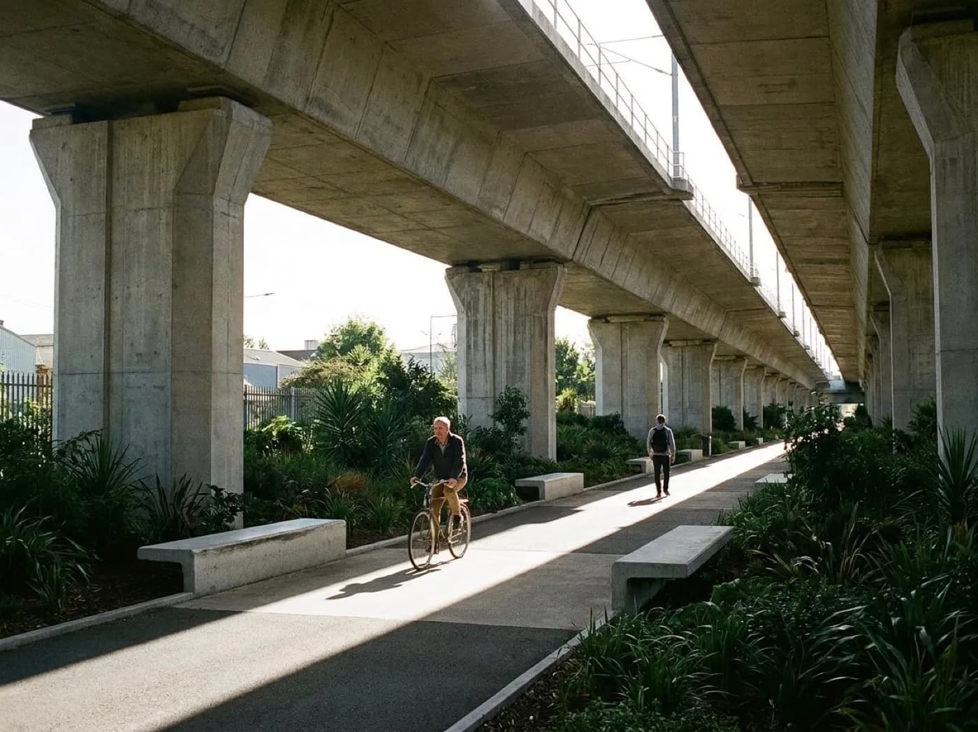 A shaded path under a raised concrete railway with planted beds, seating and cyclists passing