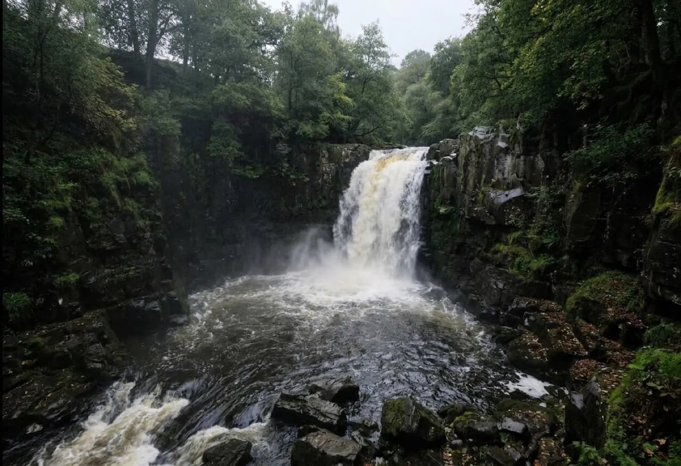 A wide waterfall dropping into a rocky gorge with mist rising, trees crowding the rim above