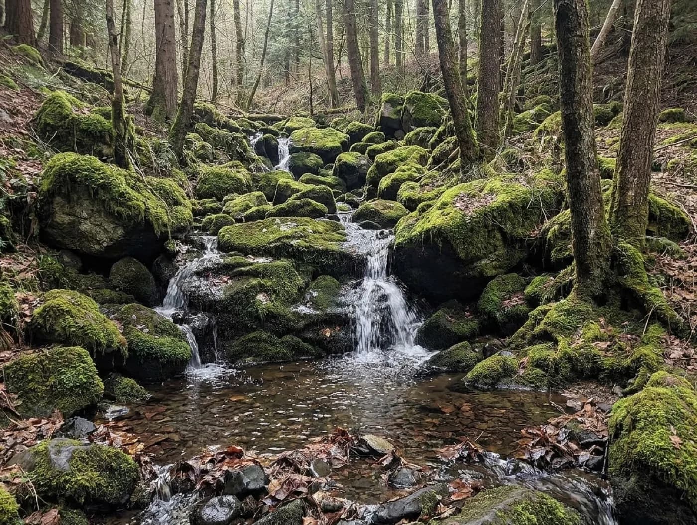 A narrow woodland stream stepping over mossy rock ledges with fallen leaves in the pools below