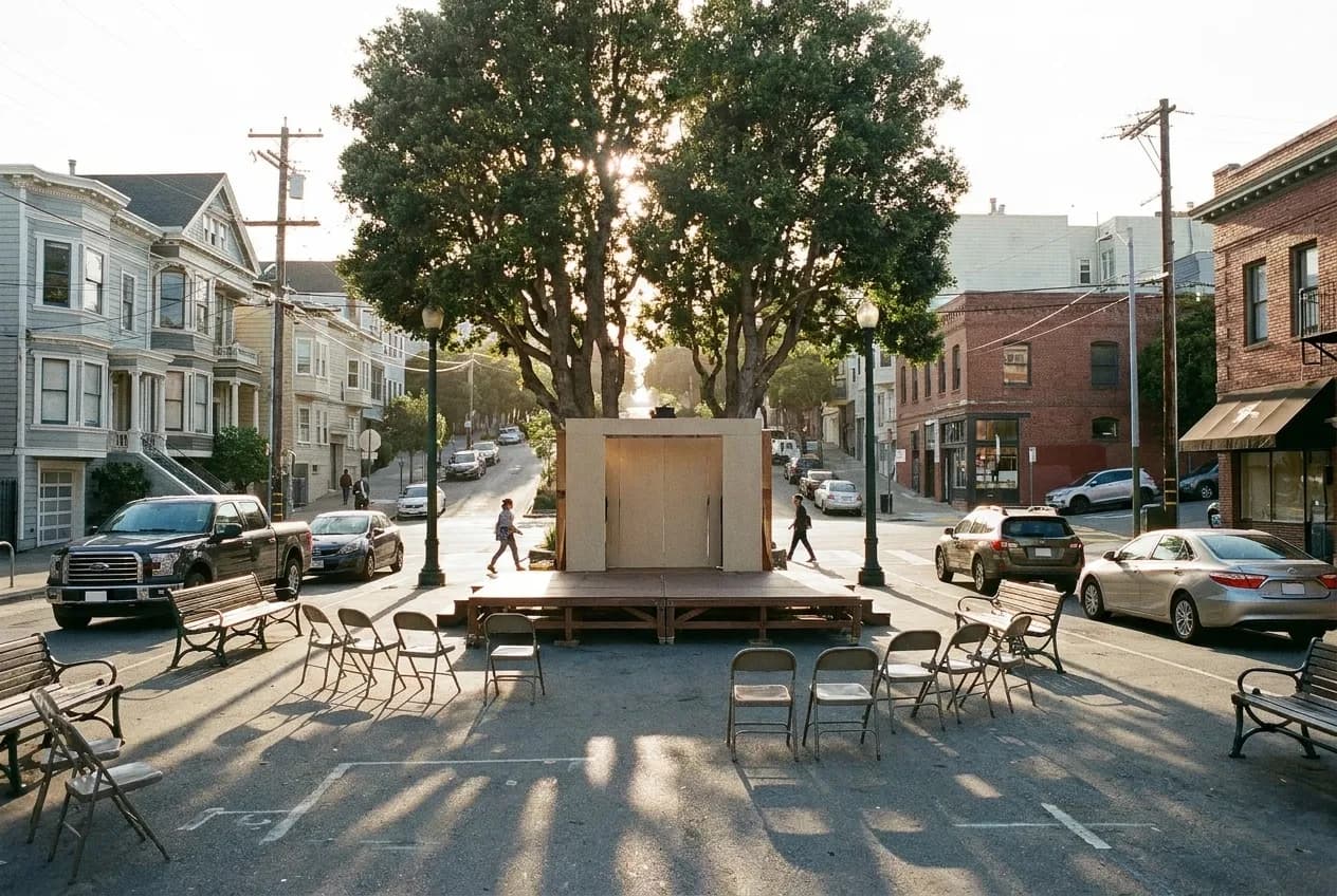 An outdoor plaza with a small stage and scattered seating in afternoon light