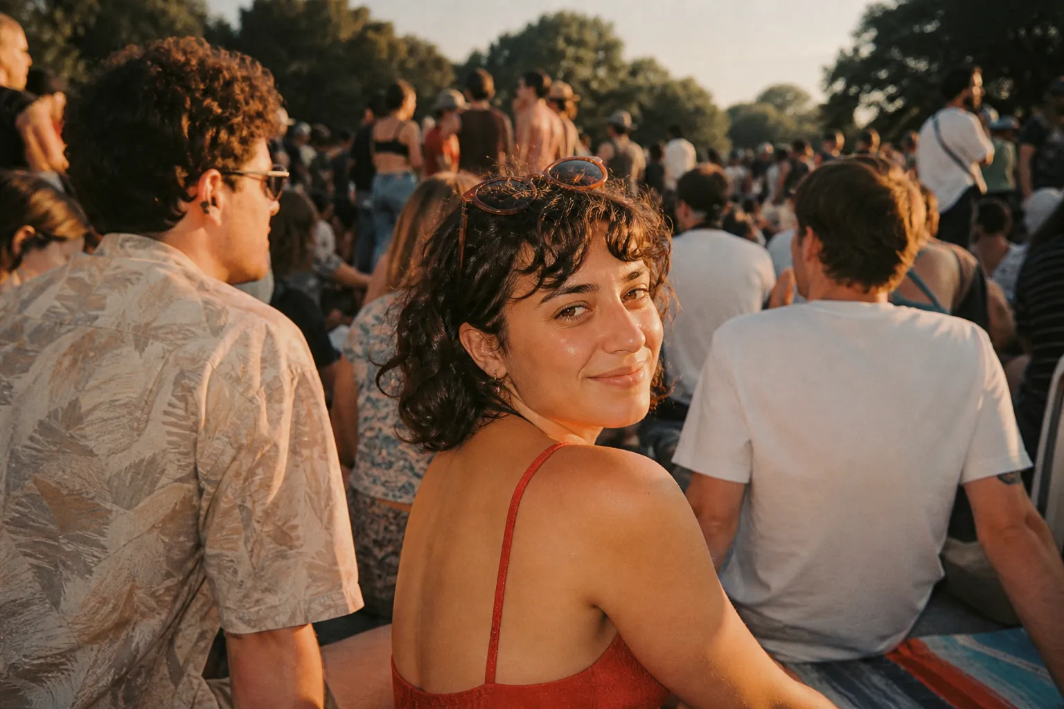 An outdoor park concert crowd gathered on the grass at golden hour