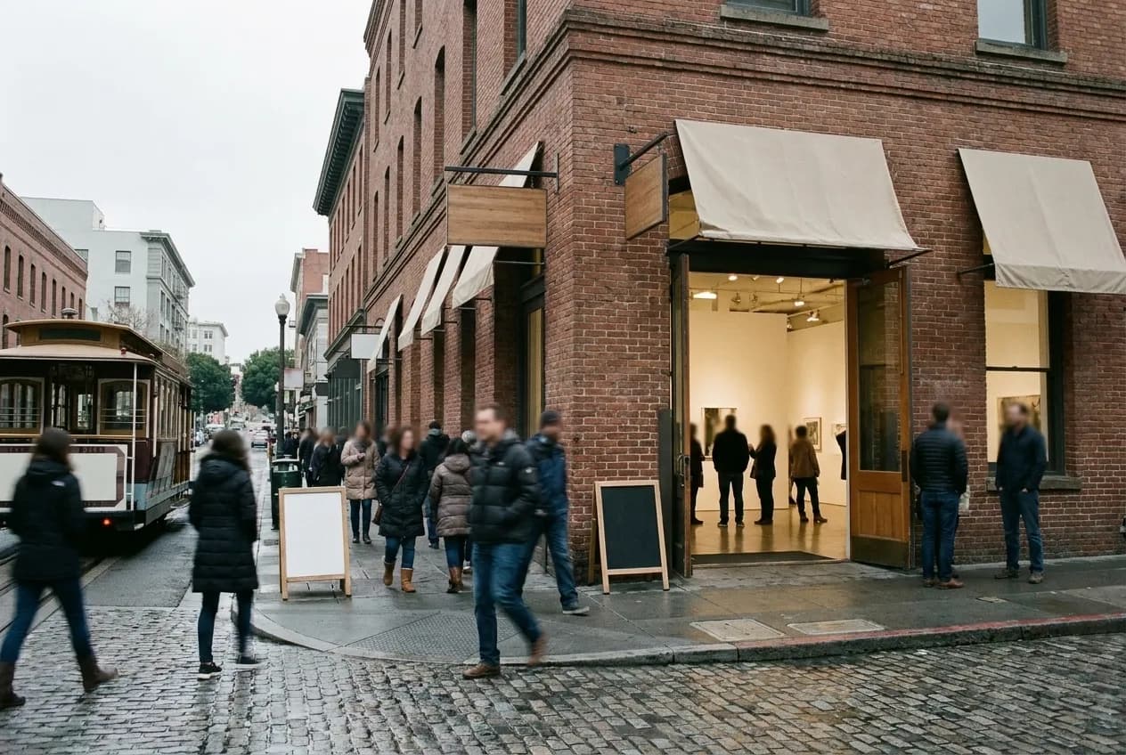 An open doorway into a bright gallery space with people visible inside