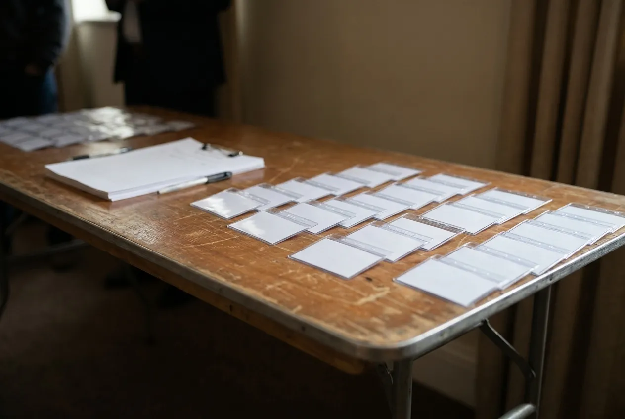 A folding table with name badges and a blank sign-in sheet