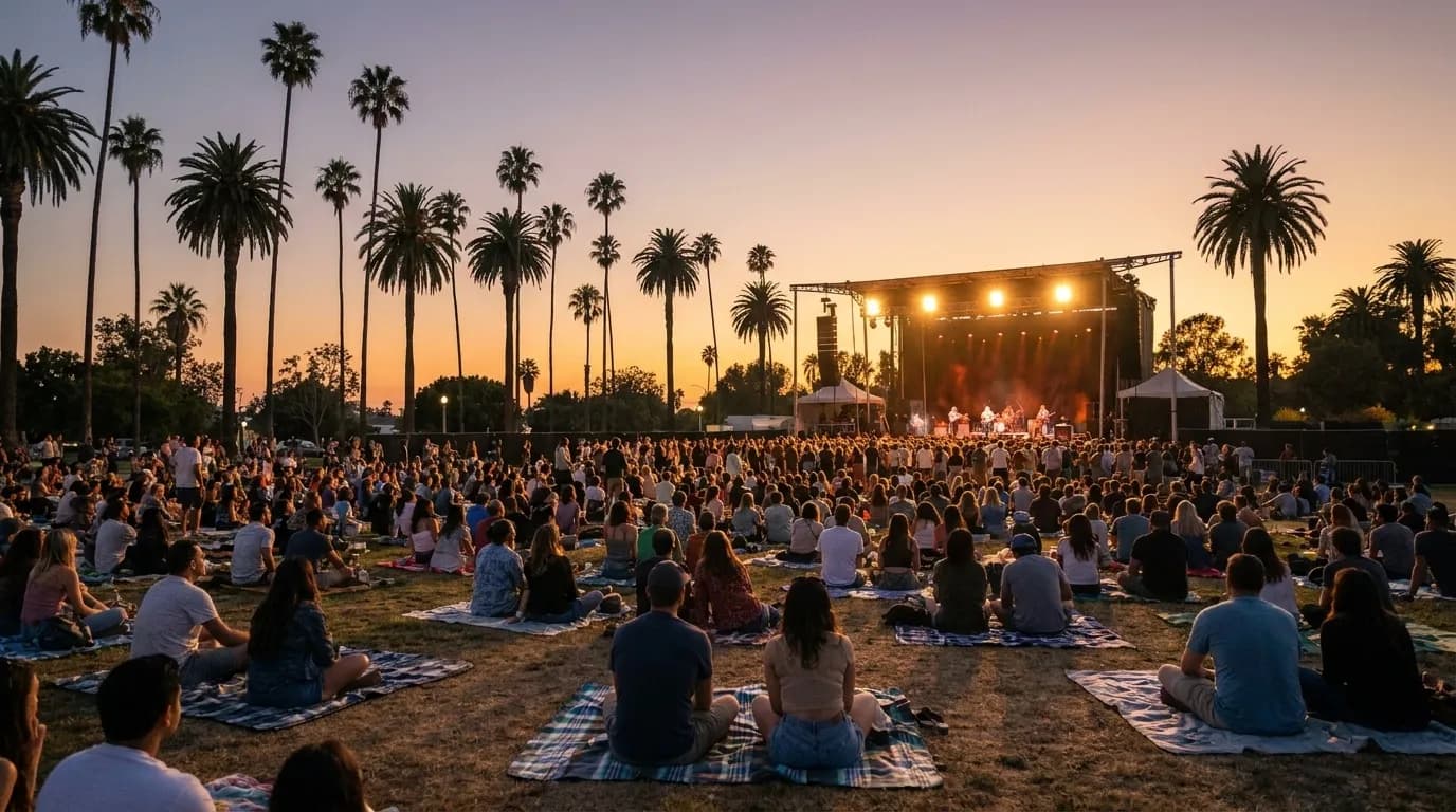 A crowd on picnic blankets at dusk in a Los Angeles park in front of a lit outdoor stage, palm trees silhouetted against an orange sky