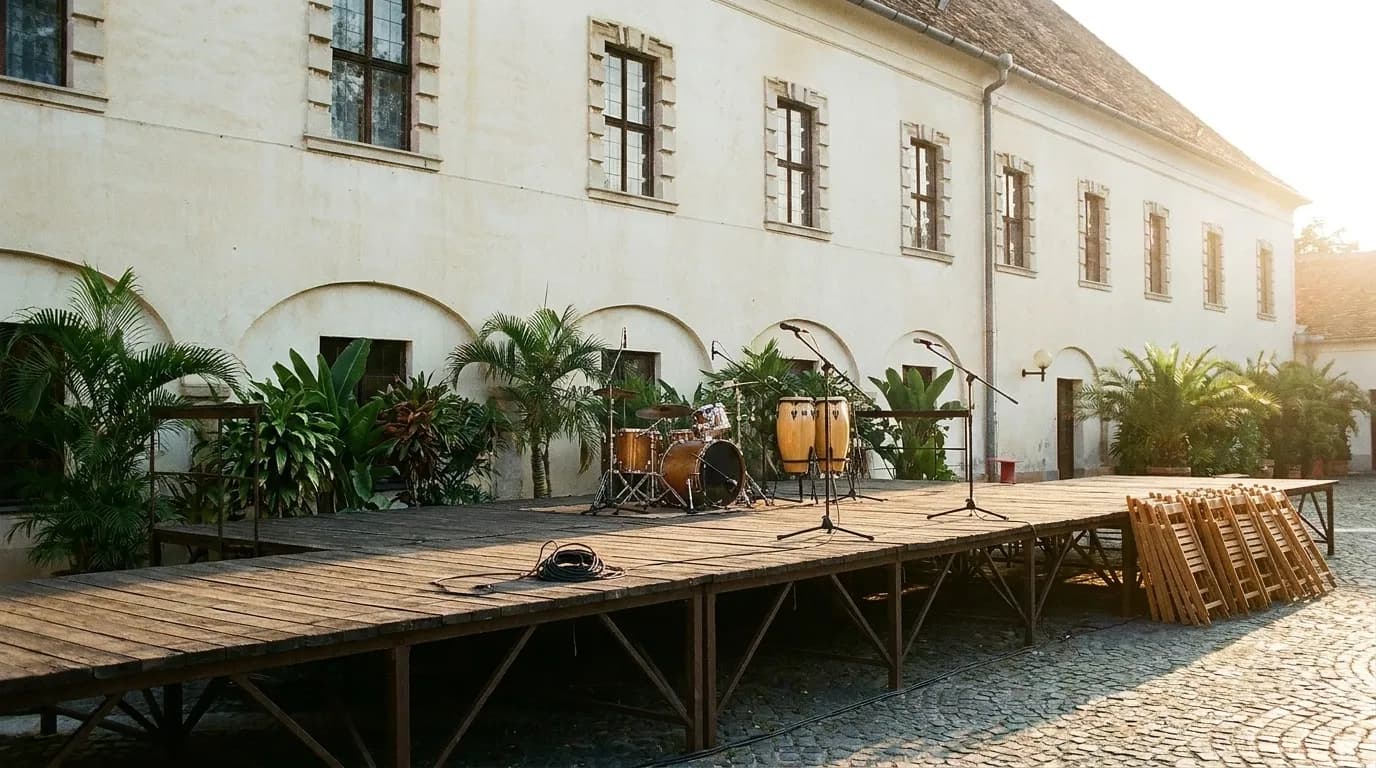 A small open-air stage in a cultural centre courtyard with drums and microphone stands set up, tropical planting around the edges