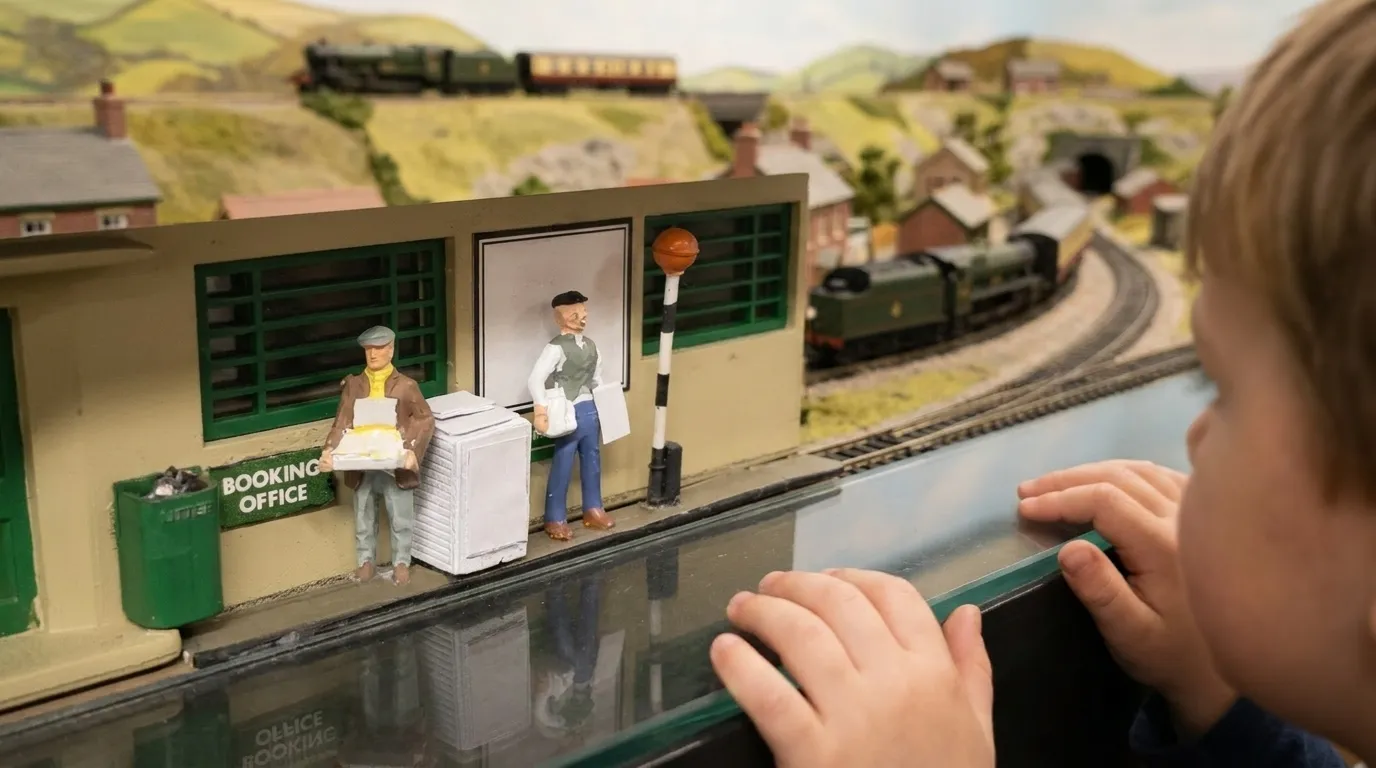 A close view of a small model railway layout with miniature trains and hand-painted scenery under museum lighting, a child's hands resting on the edge of the display case