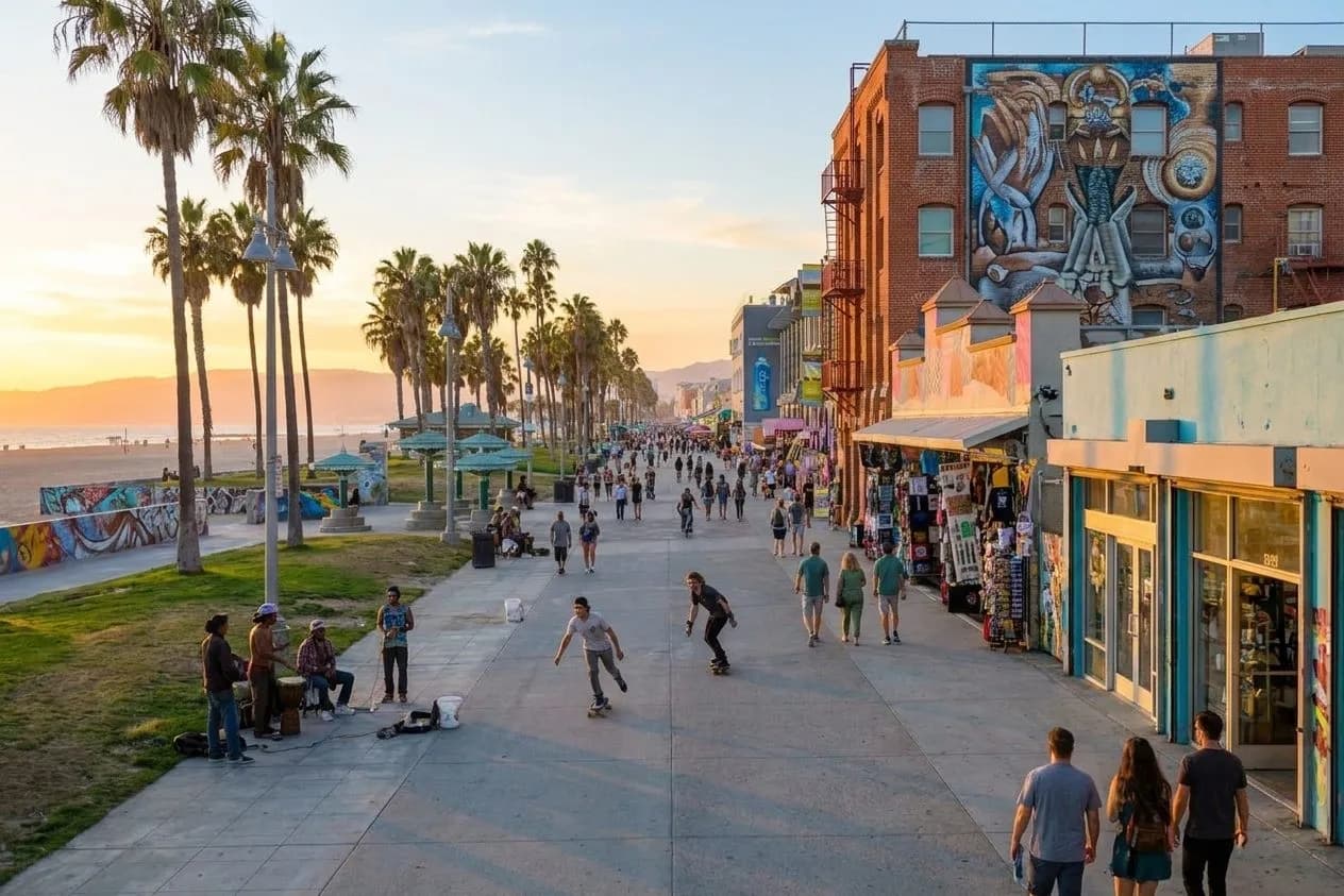 Venice Boardwalk with skaters and beachgoers at sunset