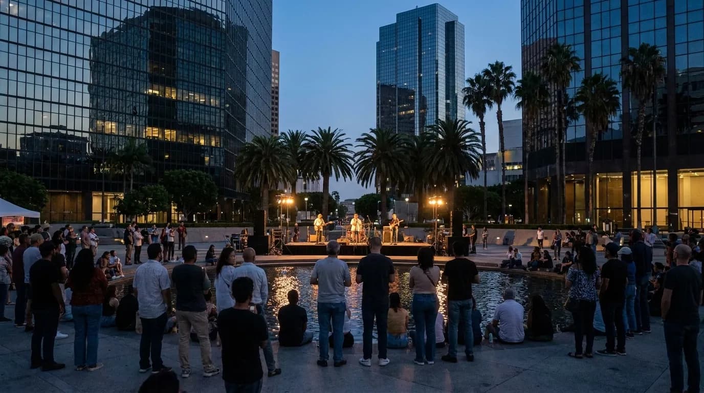 A free outdoor concert in a downtown Los Angeles plaza at dusk, an audience standing and seated around a water feature with office towers rising behind the stage