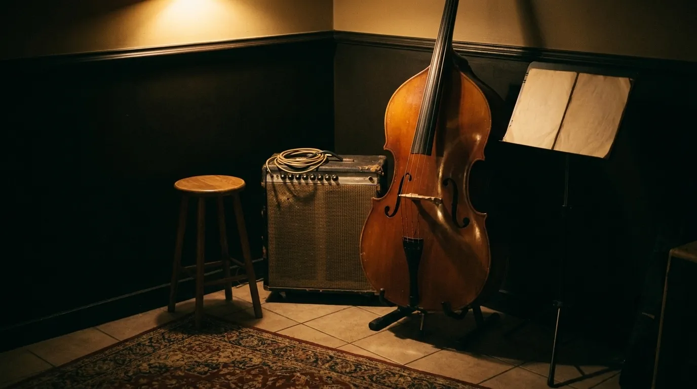 A double bass and an amplifier standing in a corner beside a coiled cable and a stool