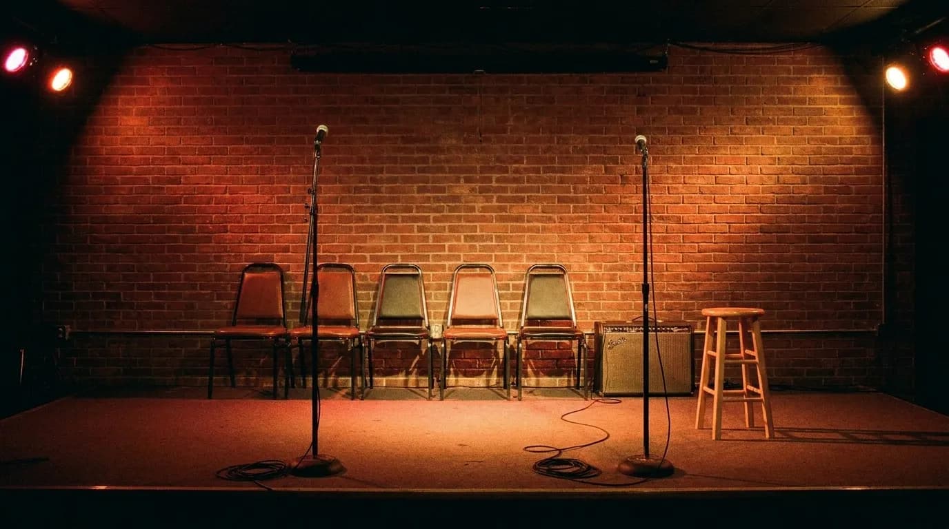 A small bar back room set up for a band with two microphone stands, an amp and a stool under warm coloured stage lights, chairs pushed to the walls