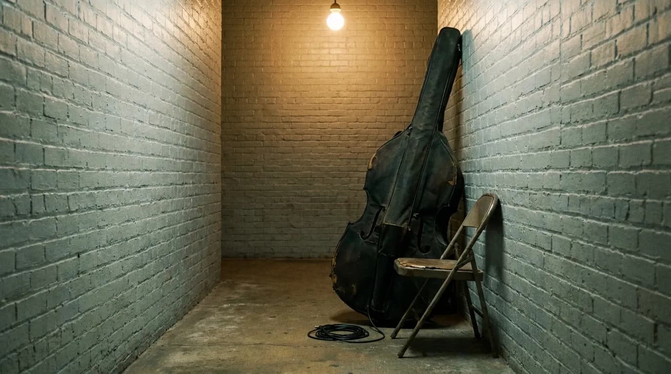 An upright double bass leaning against a wall beside a folding chair and a coiled cable in a narrow club corridor