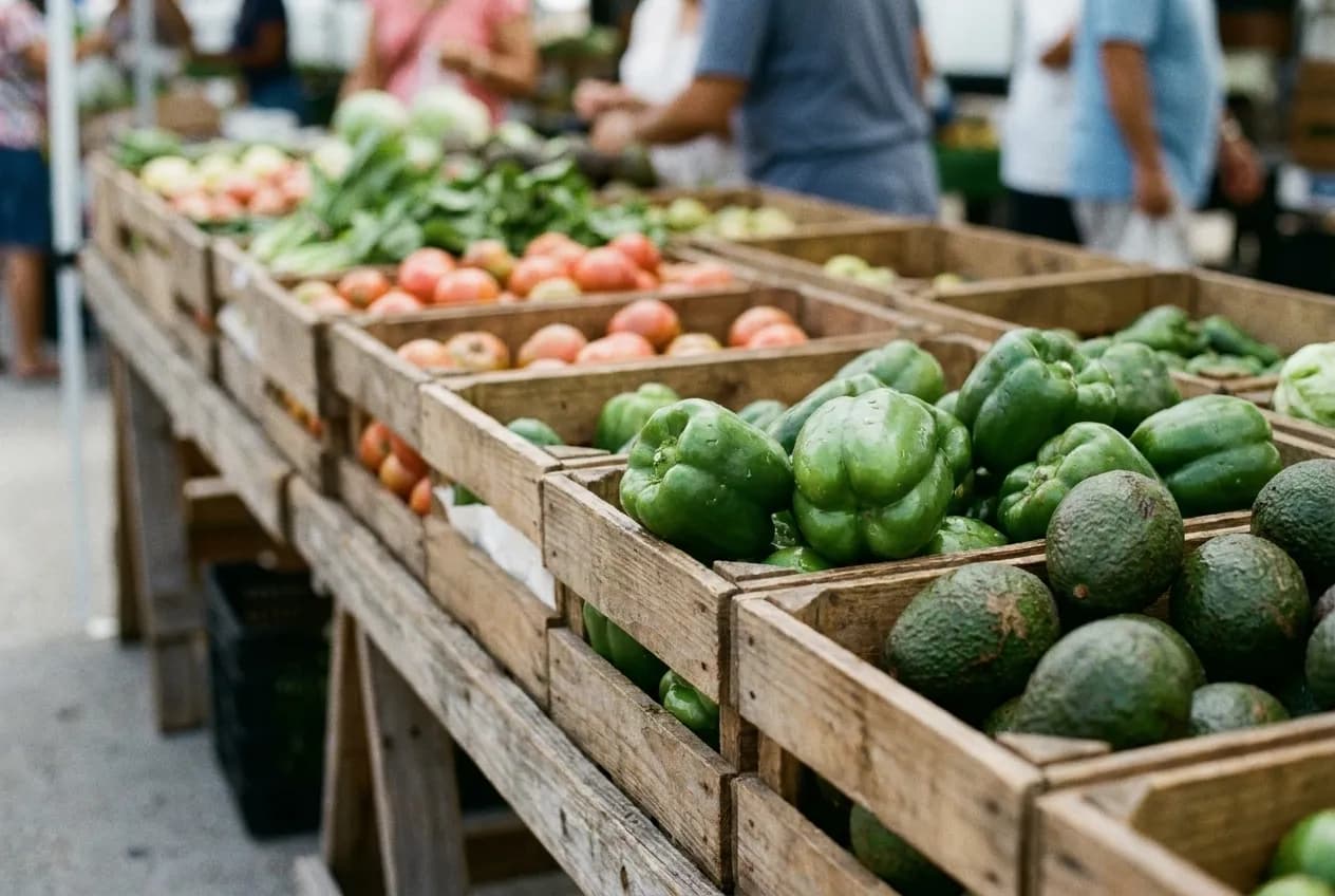 Wooden crates of produce stacked on a market trestle, close enough to see the texture of the skins and the grain of the wood