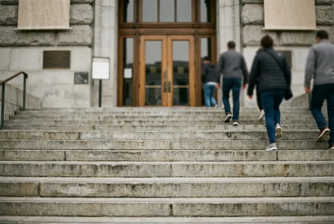 A wide flight of steps leading up to a museum entrance, figures moving across them in flat daylight